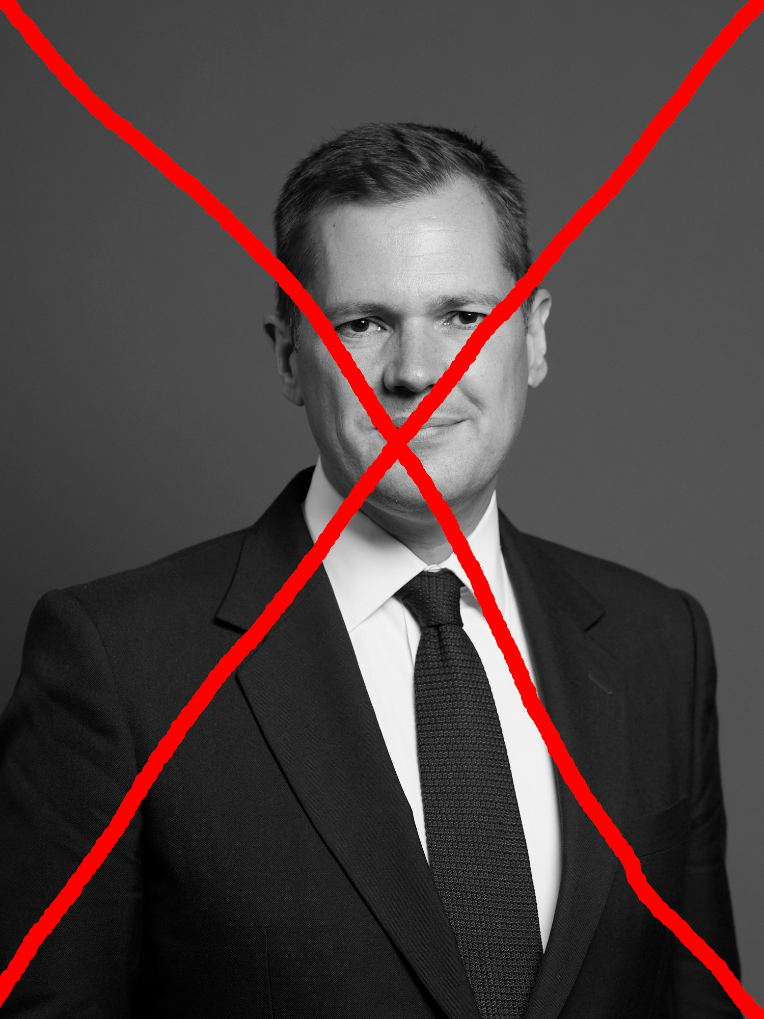 Robert Jenrick's official parliamentary portrait rendered monochrome & crossed out with a hand-drawn red X.